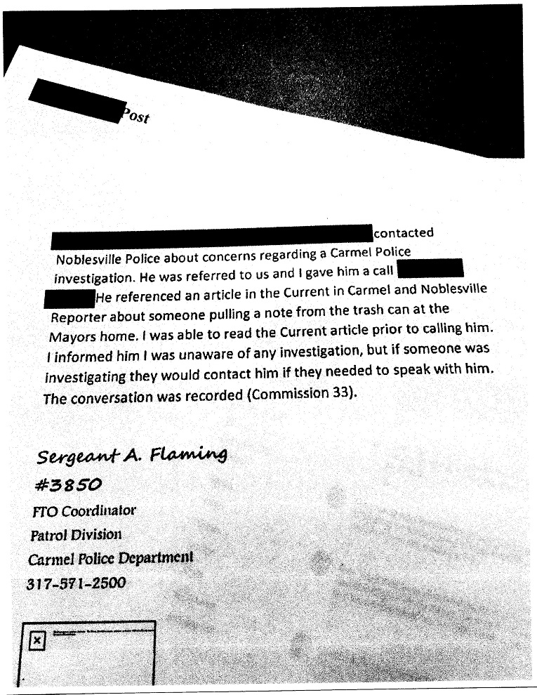 Mayor Jim Brainard either lied to Ann Marie Shambaugh or he has Carmel Police conducting off the record investigations.
